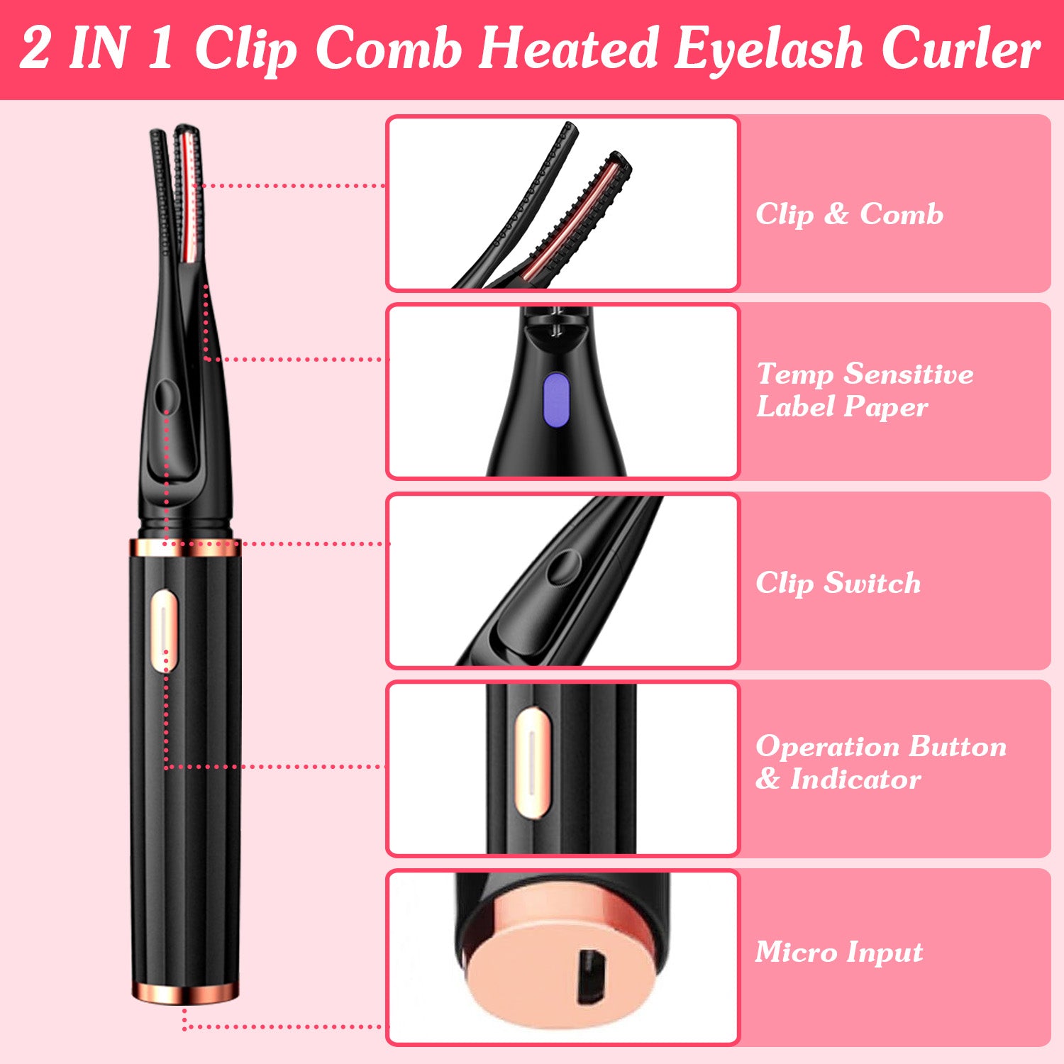 2 In 1 Clip Comb Heated Eyelash Curler Electric Mini Lash Curler