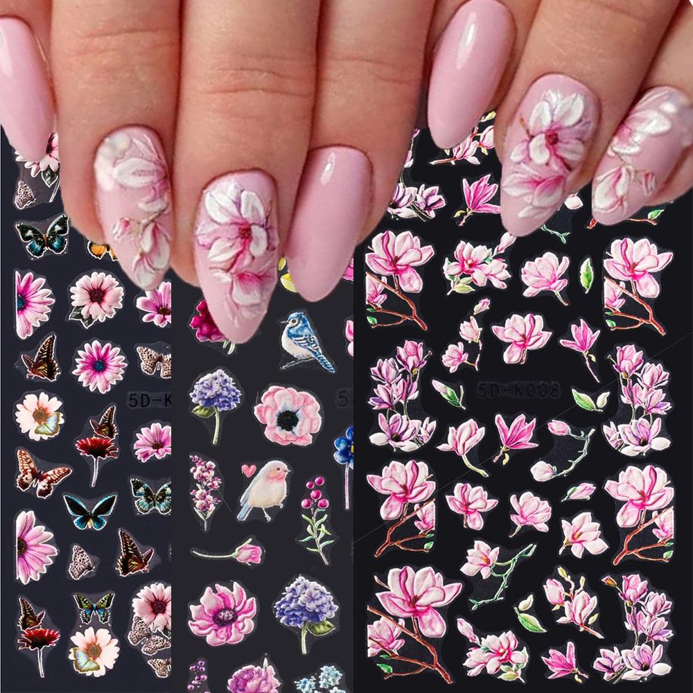 5D Embossed Nail Sticker Colorful Flower With Textured Water Slider Water Decal Nail