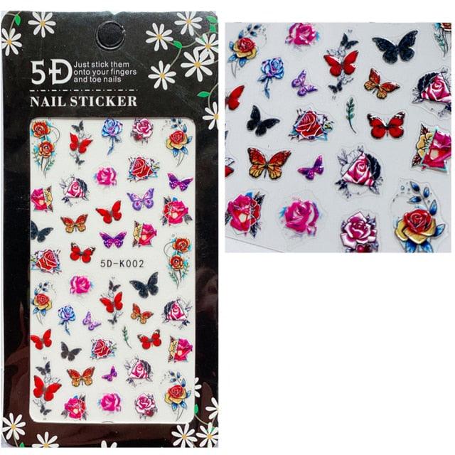 5D Embossed Nail Sticker Colorful Flower With Textured Water Slider Water Decal Nail