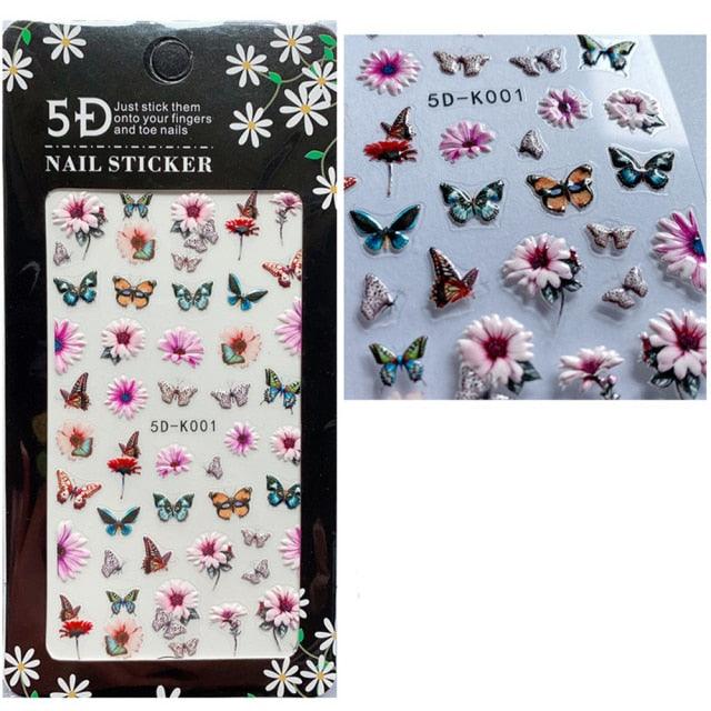 5D Embossed Nail Sticker Colorful Flower With Textured Water Slider Water Decal Nail