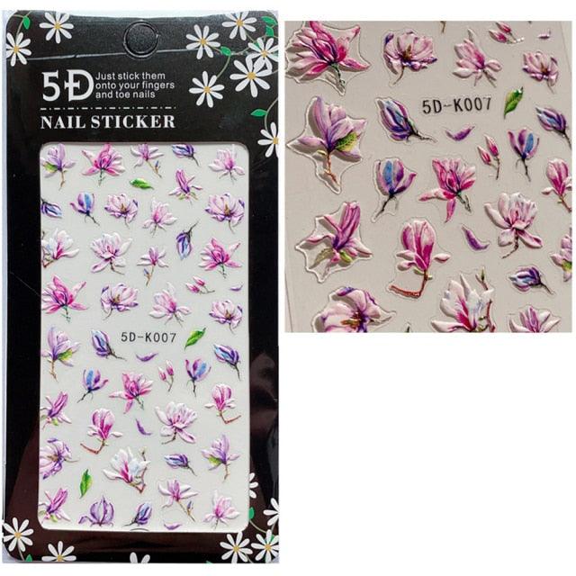 5D Embossed Nail Sticker Colorful Flower With Textured Water Slider Water Decal Nail