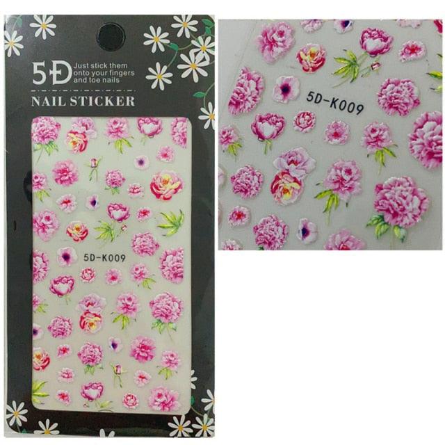 5D Embossed Nail Sticker Colorful Flower With Textured Water Slider Water Decal Nail