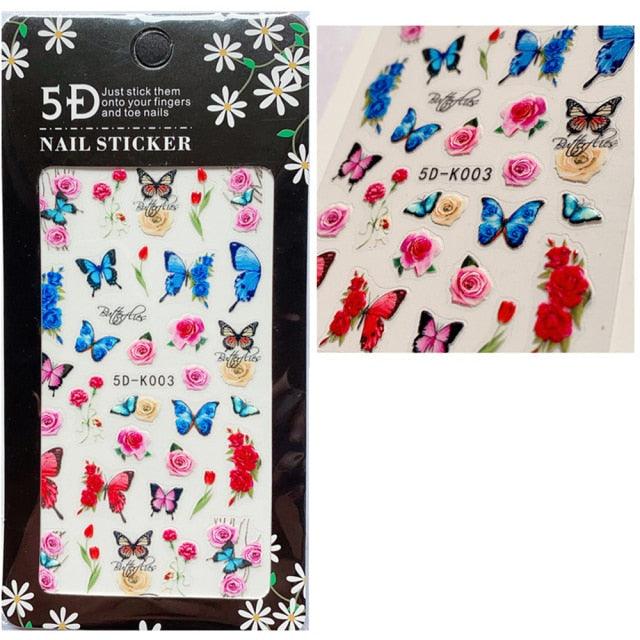 5D Embossed Nail Sticker Colorful Flower With Textured Water Slider Water Decal Nail