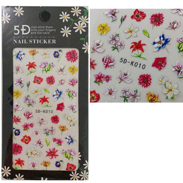 5D Embossed Nail Sticker Colorful Flower With Textured Water Slider Water Decal Nail