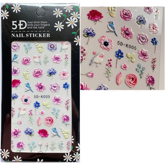 5D Embossed Nail Sticker Colorful Flower With Textured Water Slider Water Decal Nail