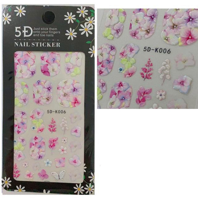 5D Embossed Nail Sticker Colorful Flower With Textured Water Slider Water Decal Nail