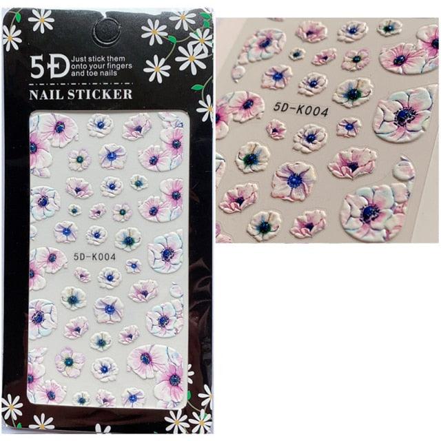 5D Embossed Nail Sticker Colorful Flower With Textured Water Slider Water Decal Nail