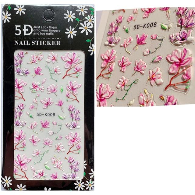 5D Embossed Nail Sticker Colorful Flower With Textured Water Slider Water Decal Nail