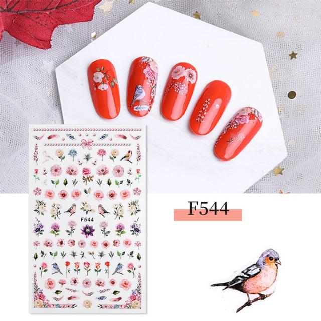 5D Embossed Nail Sticker Colorful Flower With Textured Water Slider Water Decal Nail