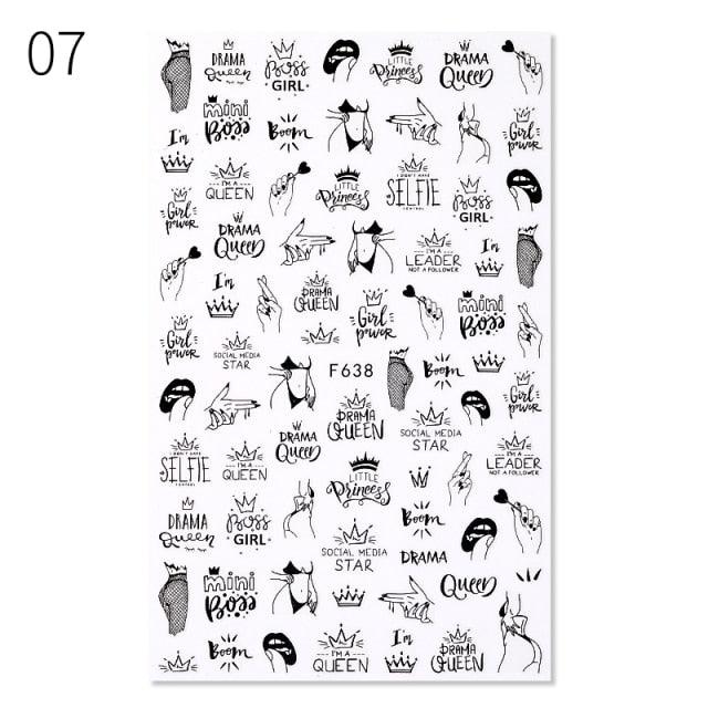 3D Nail Stickers Character Image Decals Slider Valentine Black White Nail Art Decoration