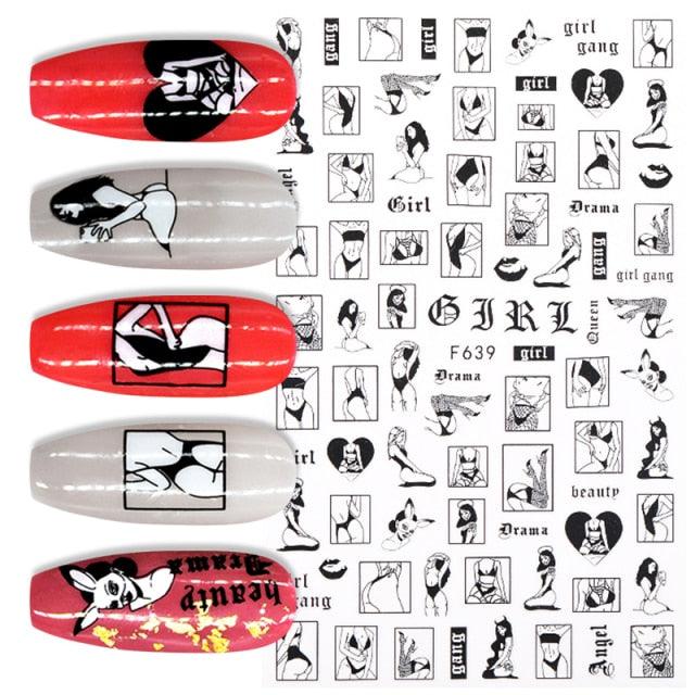 3D Nail Stickers Character Image Decals Slider Valentine Black White Nail Art Decoration
