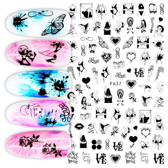 3D Nail Stickers Character Image Decals Slider Valentine Black White Nail Art Decoration