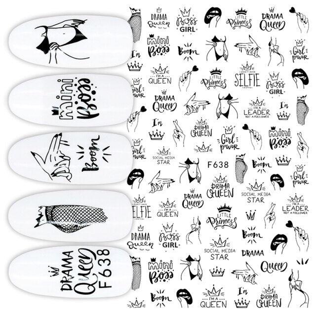 3D Nail Stickers Character Image Decals Slider Valentine Black White Nail Art Decoration