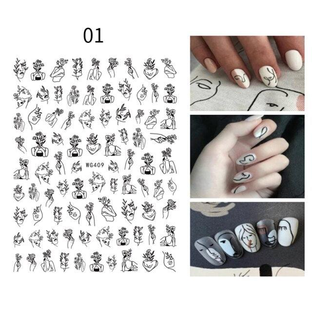 3D Nail Stickers Character Image Decals Slider Valentine Black White Nail Art Decoration