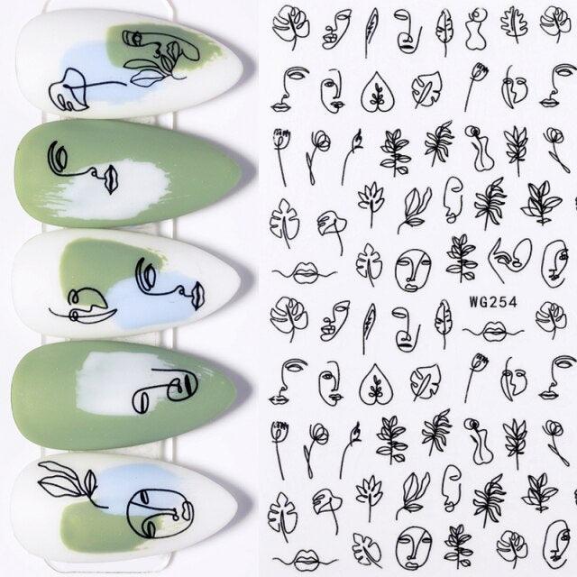 3D Nail Stickers Character Image Decals Slider Valentine Black White Nail Art Decoration