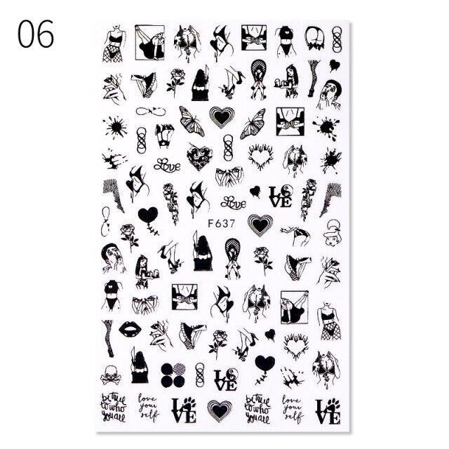 3D Nail Stickers Character Image Decals Slider Valentine Black White Nail Art Decoration