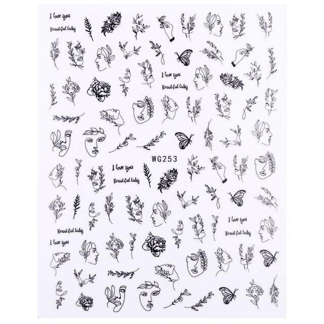 3D Nail Stickers Character Image Decals Slider Valentine Black White Nail Art Decoration