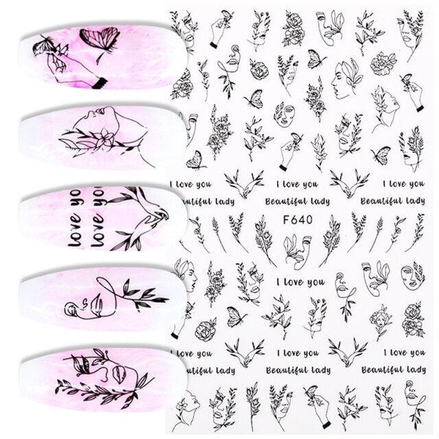 3D Nail Stickers Character Image Decals Slider Valentine Black White Nail Art Decoration