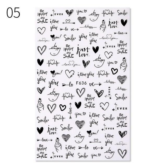 3D Nail Stickers Character Image Decals Slider Valentine Black White Nail Art Decoration